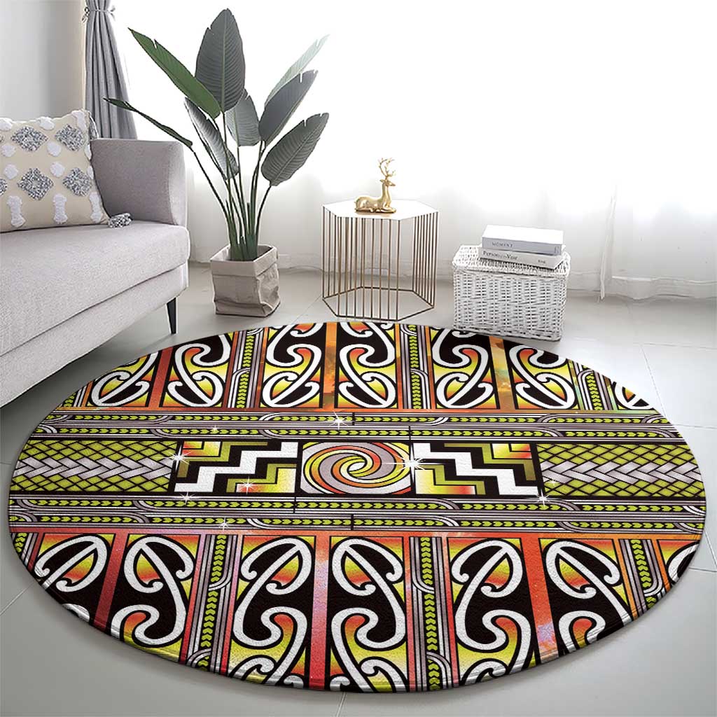 Maori Matariki Round Carpet Yellow Galaxy Aesthetic Koru Art LT01 - Polynesian Pride