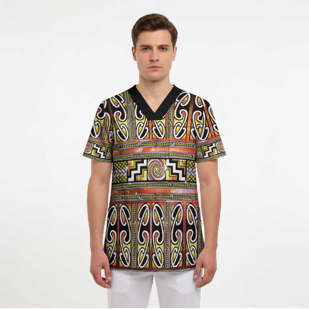 Maori Matariki Scrub Top Yellow Galaxy Aesthetic Koru Art LT01 - Polynesian Pride