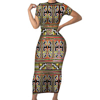 Maori Matariki Short Sleeve Bodycon Dress Yellow Galaxy Aesthetic Koru Art LT01 Long Dress Yellow - Polynesian Pride