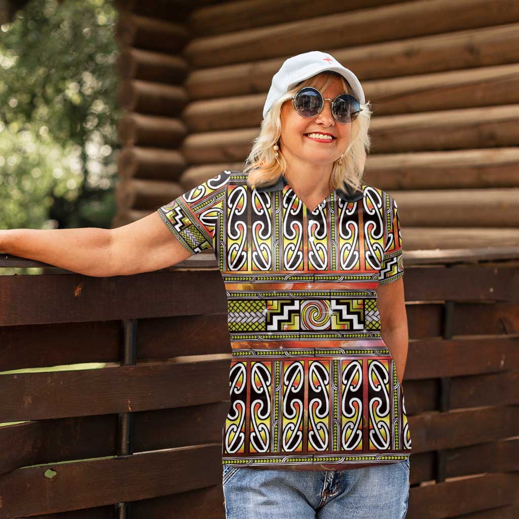 Maori Matariki Women Polo Shirt Yellow Galaxy Aesthetic Koru Art LT01 - Polynesian Pride