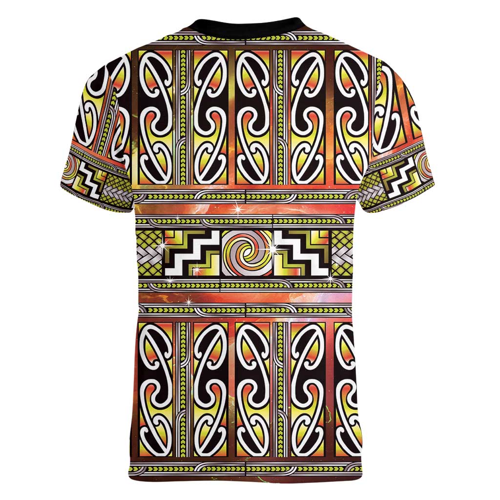 Maori Matariki Women V-Neck T-Shirt Yellow Galaxy Aesthetic Koru Art LT01 - Polynesian Pride