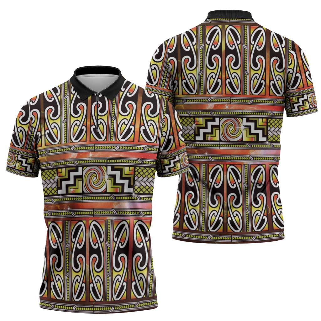 Maori Matariki Zipper Polo Shirt Yellow Galaxy Aesthetic Koru Art LT01 - Polynesian Pride
