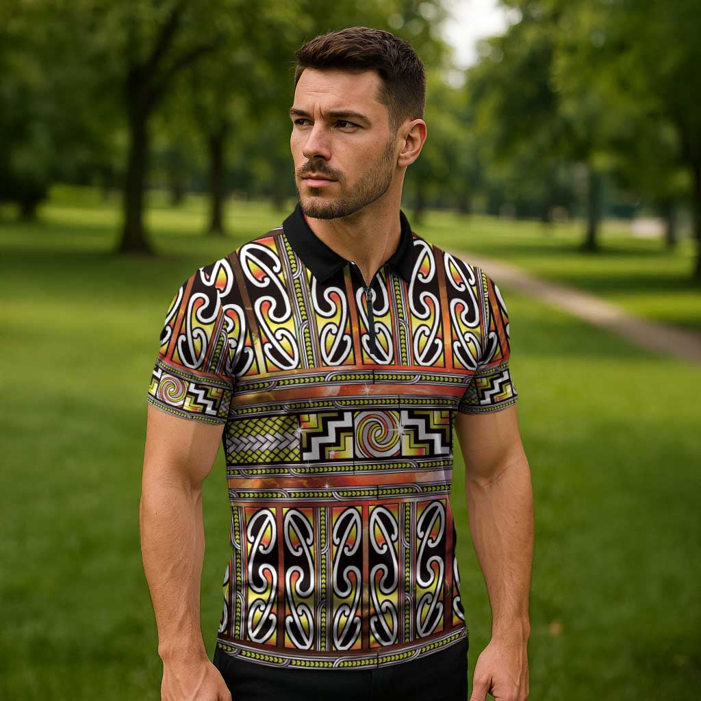 Maori Matariki Zipper Polo Shirt Yellow Galaxy Aesthetic Koru Art LT01 - Polynesian Pride