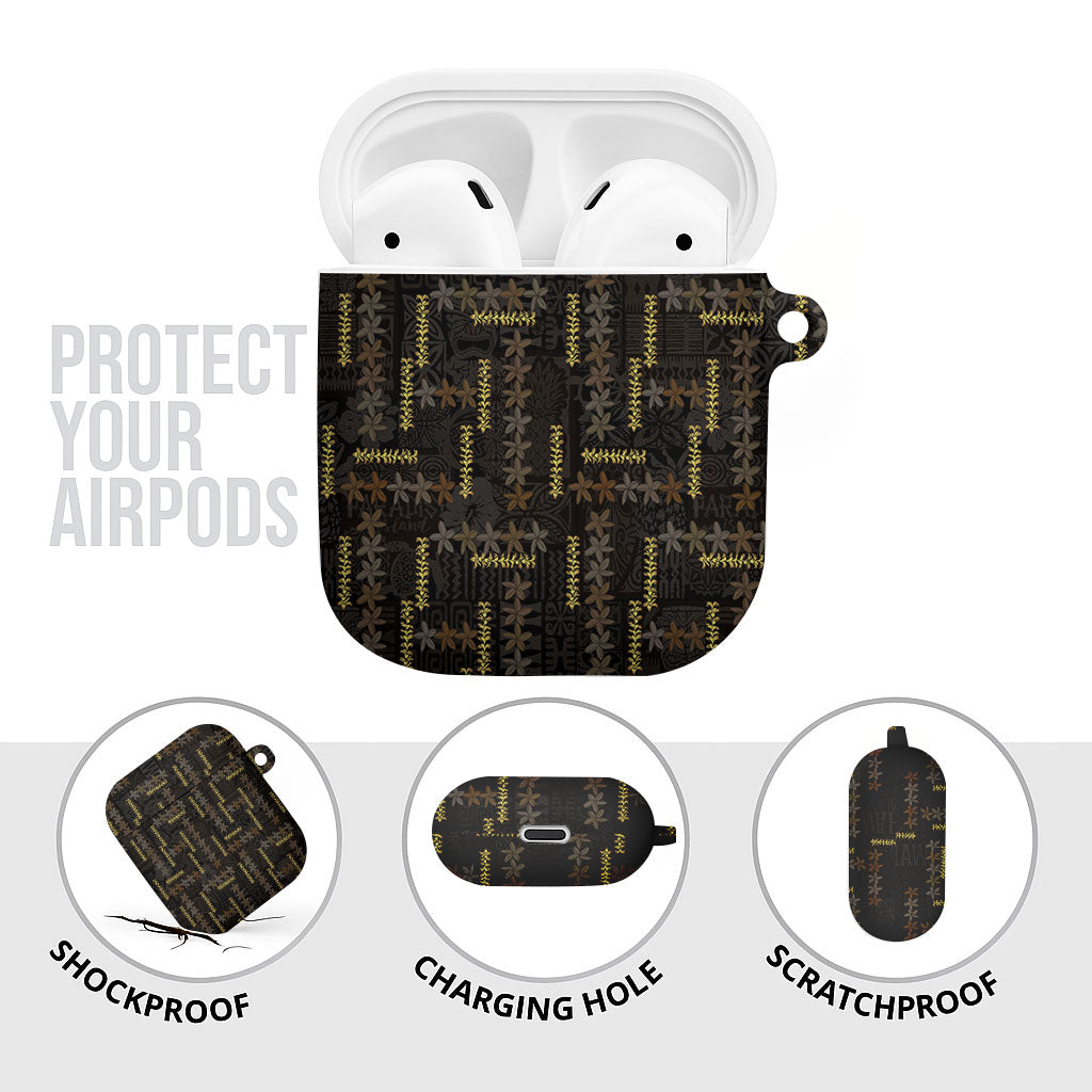 Hawaii Brown Plumeria Lei Black AirPods Case Frangipani Floral Heritage Art LT01 - Polynesian Pride