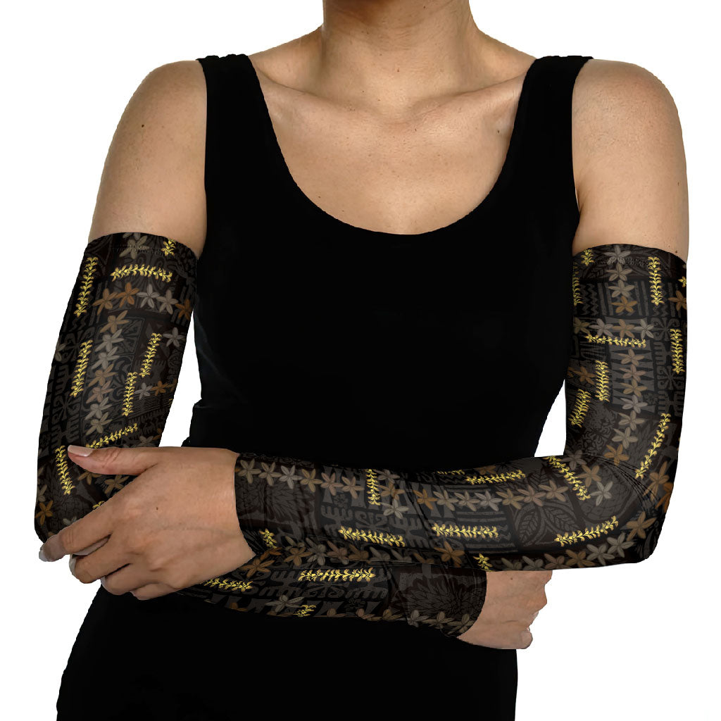 Hawaii Brown Plumeria Lei Black Arm Sleeves Frangipani Floral Heritage Art LT01 - Polynesian Pride