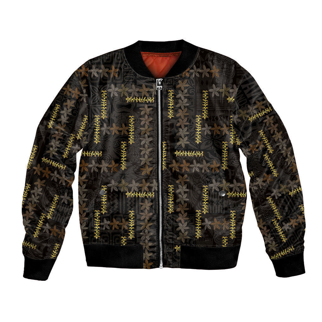 Hawaii Brown Plumeria Lei Black Bomber Jacket Frangipani Floral Heritage Art LT01 Unisex Black - Polynesian Pride
