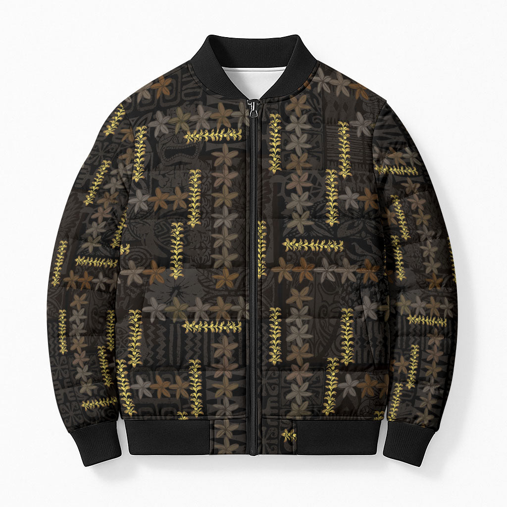 Hawaii Brown Plumeria Lei Black Bomber Puffer Jacket Frangipani Floral Heritage Art