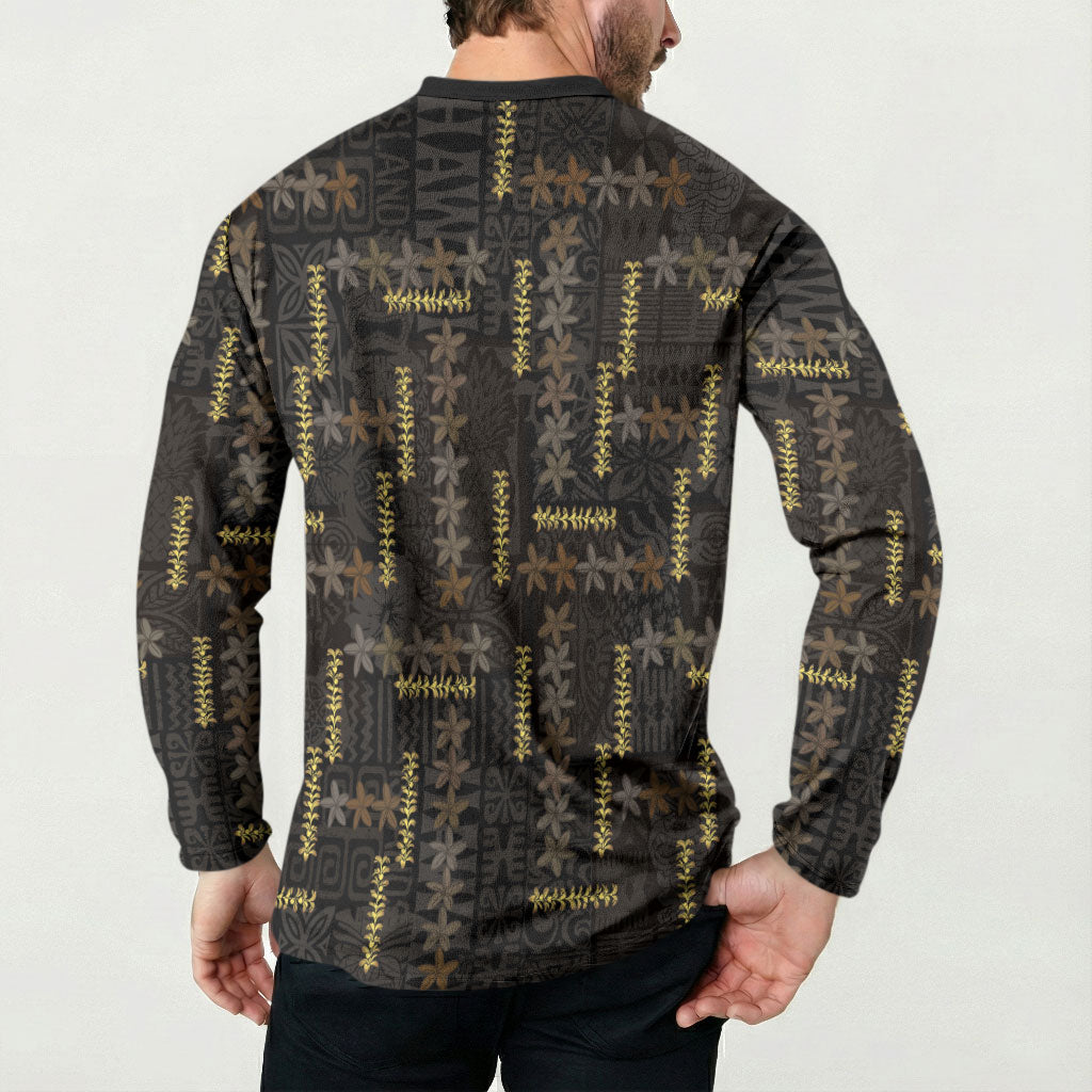 Hawaii Brown Plumeria Lei Black Button Sweatshirt Frangipani Floral Heritage Art