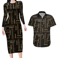 Hawaii Brown Plumeria Lei Black Couples Matching Long Sleeve Bodycon Dress and Hawaiian Shirt Frangipani Floral Heritage Art