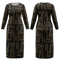 Hawaii Brown Plumeria Lei Black Couples Matching Long Sleeve Bodycon Dress and Hawaiian Shirt Frangipani Floral Heritage Art LT01 - Polynesian Pride