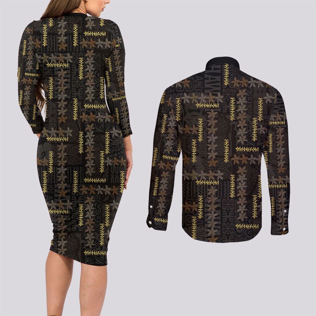 Hawaii Brown Plumeria Lei Black Couples Matching Long Sleeve Bodycon Dress and Long Sleeve Button Shirt Frangipani Floral Heritage Art
