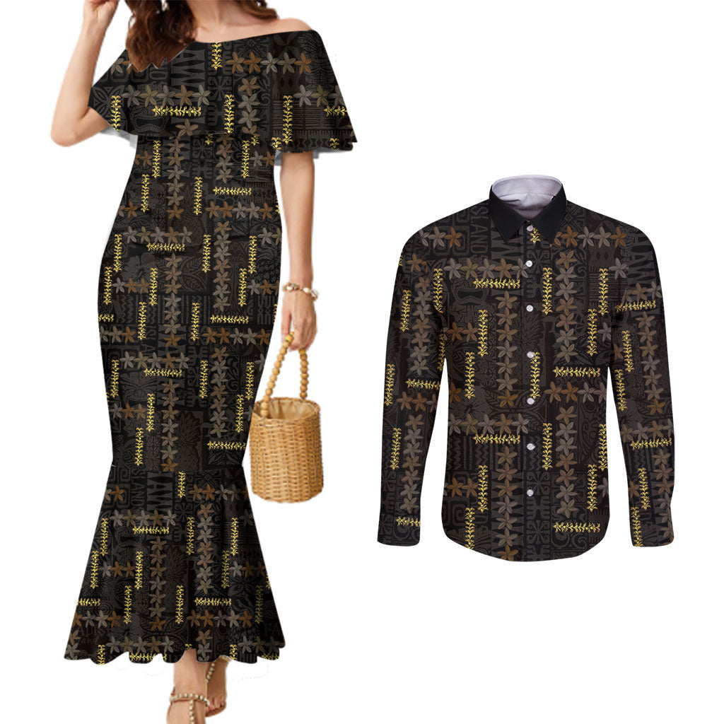 Hawaii Brown Plumeria Lei Black Couples Matching Mermaid Dress and Long Sleeve Button Shirt Frangipani Floral Heritage Art LT01 Black - Polynesian Pride