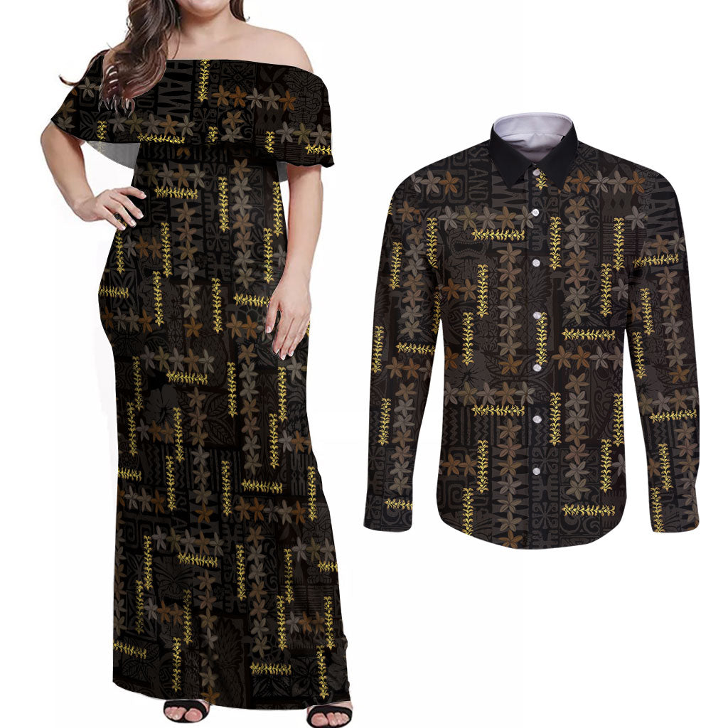Hawaii Brown Plumeria Lei Black Couples Matching Off Shoulder Maxi Dress and Long Sleeve Button Shirt Frangipani Floral Heritage Art LT01 Black - Polynesian Pride