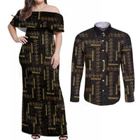 Hawaii Brown Plumeria Lei Black Couples Matching Off Shoulder Maxi Dress and Long Sleeve Button Shirt Frangipani Floral Heritage Art