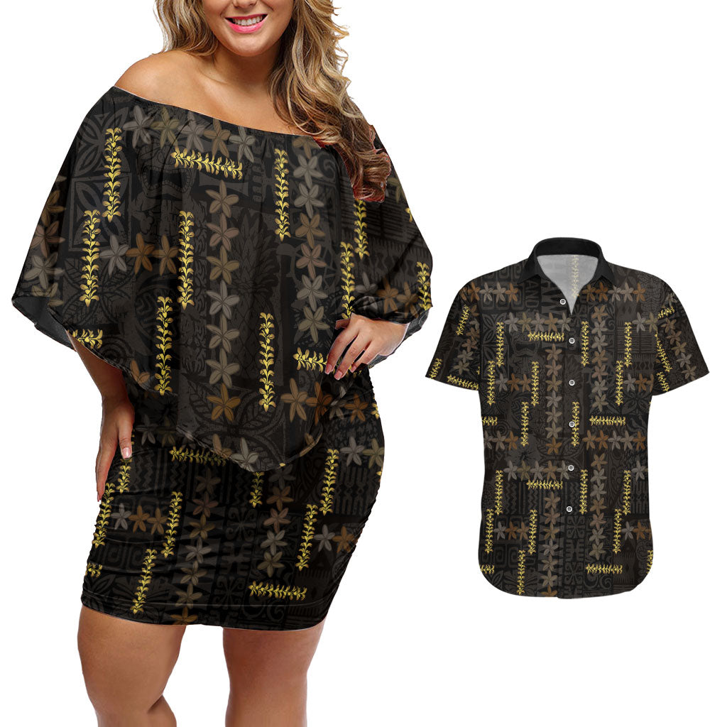 Hawaii Brown Plumeria Lei Black Couples Matching Off Shoulder Short Dress and Hawaiian Shirt Frangipani Floral Heritage Art