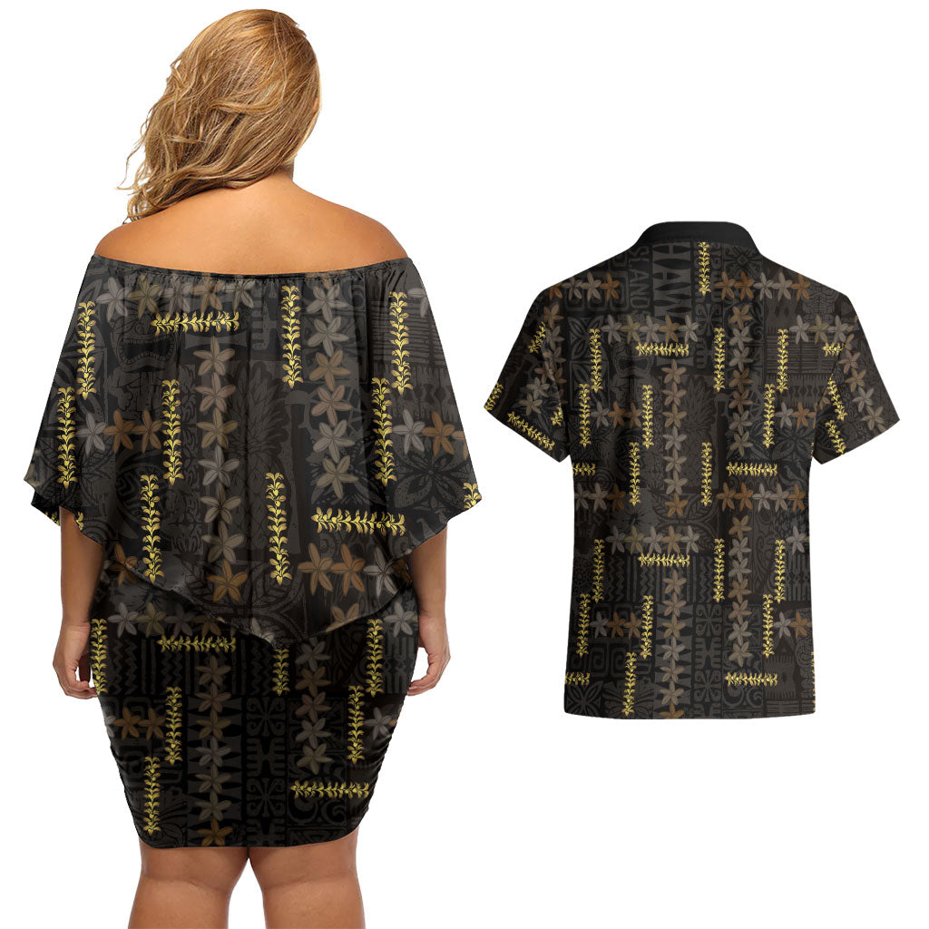 Hawaii Brown Plumeria Lei Black Couples Matching Off Shoulder Short Dress and Hawaiian Shirt Frangipani Floral Heritage Art
