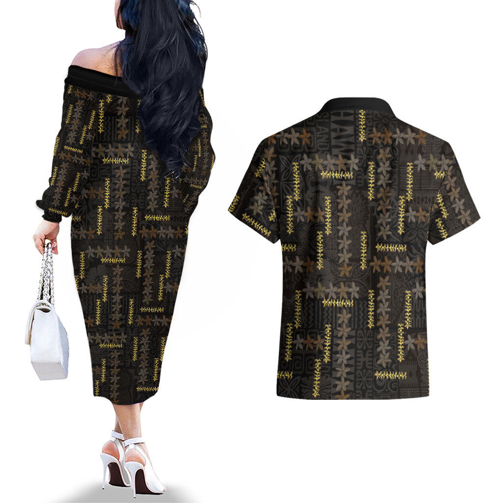 Hawaii Brown Plumeria Lei Black Couples Matching Off The Shoulder Long Sleeve Dress and Hawaiian Shirt Frangipani Floral Heritage Art