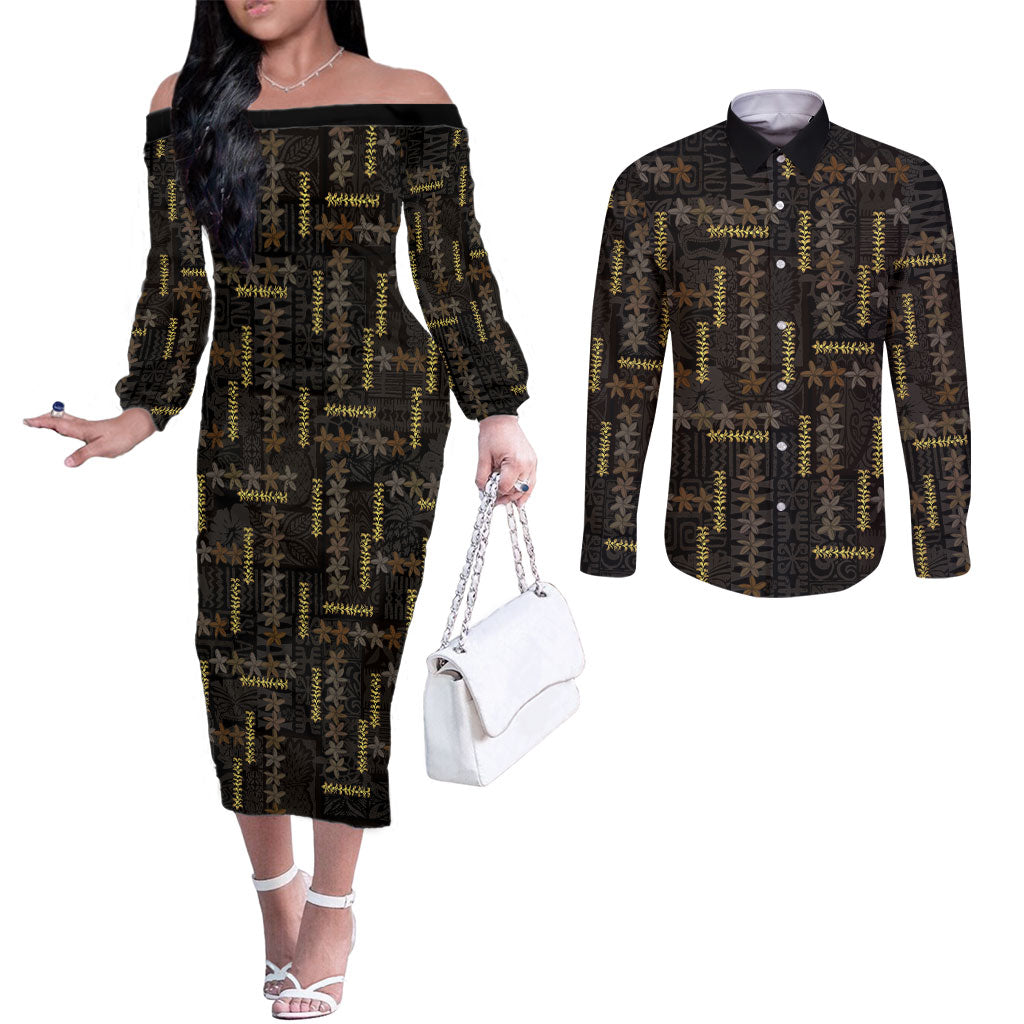 Hawaii Brown Plumeria Lei Black Couples Matching Off The Shoulder Long Sleeve Dress and Long Sleeve Button Shirt Frangipani Floral Heritage Art