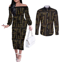 Hawaii Brown Plumeria Lei Black Couples Matching Off The Shoulder Long Sleeve Dress and Long Sleeve Button Shirt Frangipani Floral Heritage Art