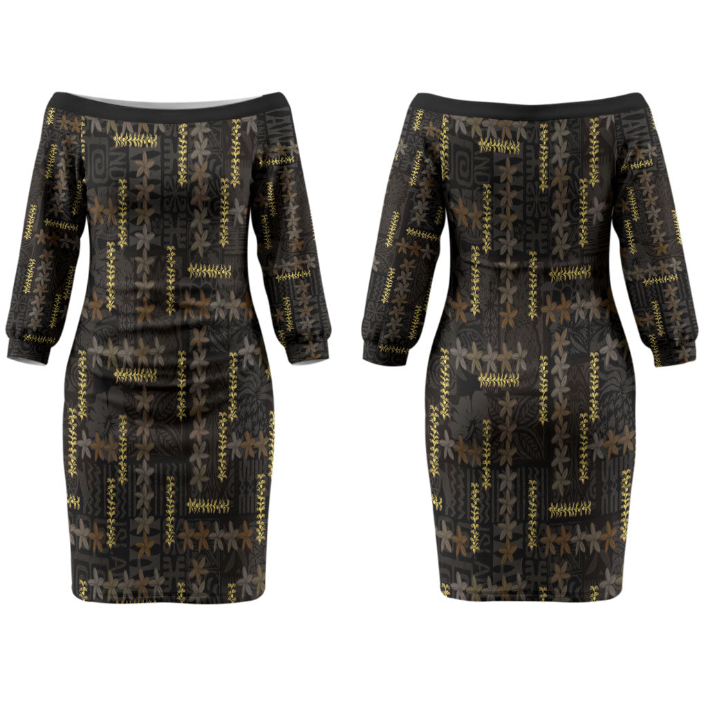 Hawaii Brown Plumeria Lei Black Couples Matching Off The Shoulder Long Sleeve Dress and Long Sleeve Button Shirt Frangipani Floral Heritage Art LT01 - Polynesian Pride