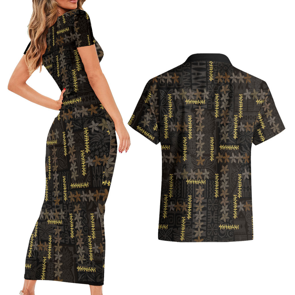 Hawaii Brown Plumeria Lei Black Couples Matching Short Sleeve Bodycon Dress and Hawaiian Shirt Frangipani Floral Heritage Art