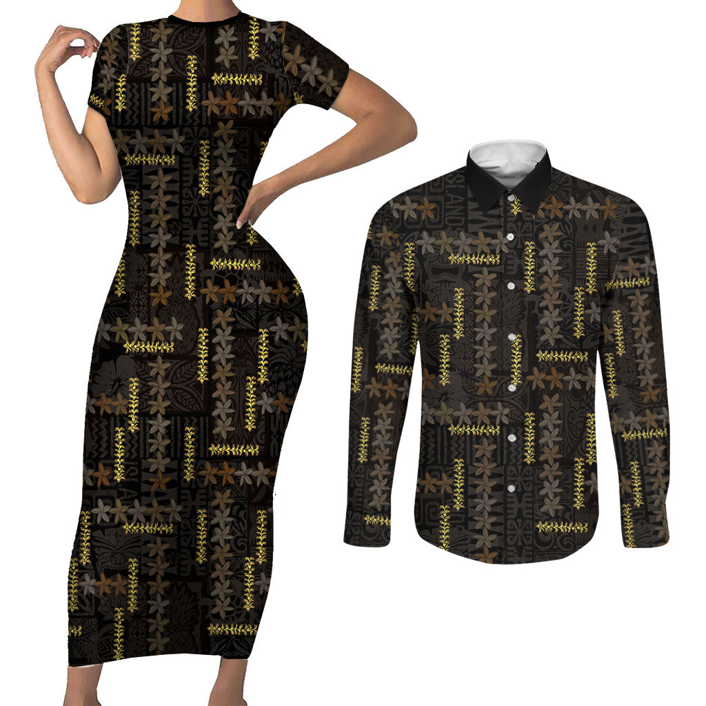 Hawaii Brown Plumeria Lei Black Couples Matching Short Sleeve Bodycon Dress and Long Sleeve Button Shirt Frangipani Floral Heritage Art LT01 Black - Polynesian Pride