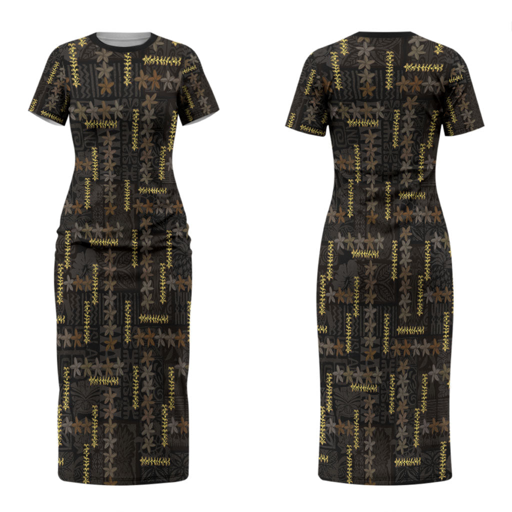 Hawaii Brown Plumeria Lei Black Couples Matching Short Sleeve Bodycon Dress and Long Sleeve Button Shirt Frangipani Floral Heritage Art LT01 - Polynesian Pride