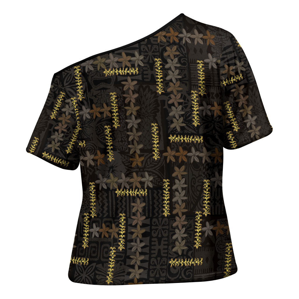 Hawaii Brown Plumeria Lei Black Cross Shoulder Shirt Frangipani Floral Heritage Art