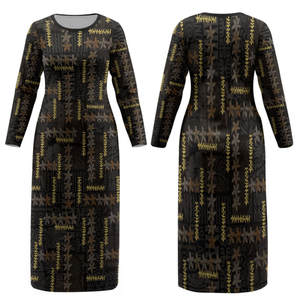 Hawaii Brown Plumeria Lei Black Family Matching Long Sleeve Bodycon Dress and Hawaiian Shirt Frangipani Floral Heritage Art LT01 Mom's Dress Black - Polynesian Pride