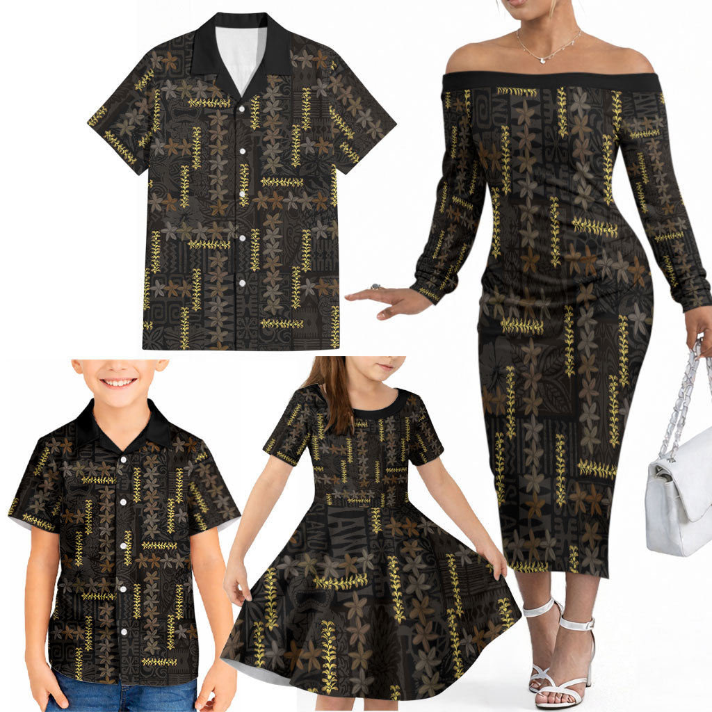 Hawaii Brown Plumeria Lei Black Family Matching Off The Shoulder Long Sleeve Dress and Hawaiian Shirt Frangipani Floral Heritage Art LT01 - Polynesian Pride