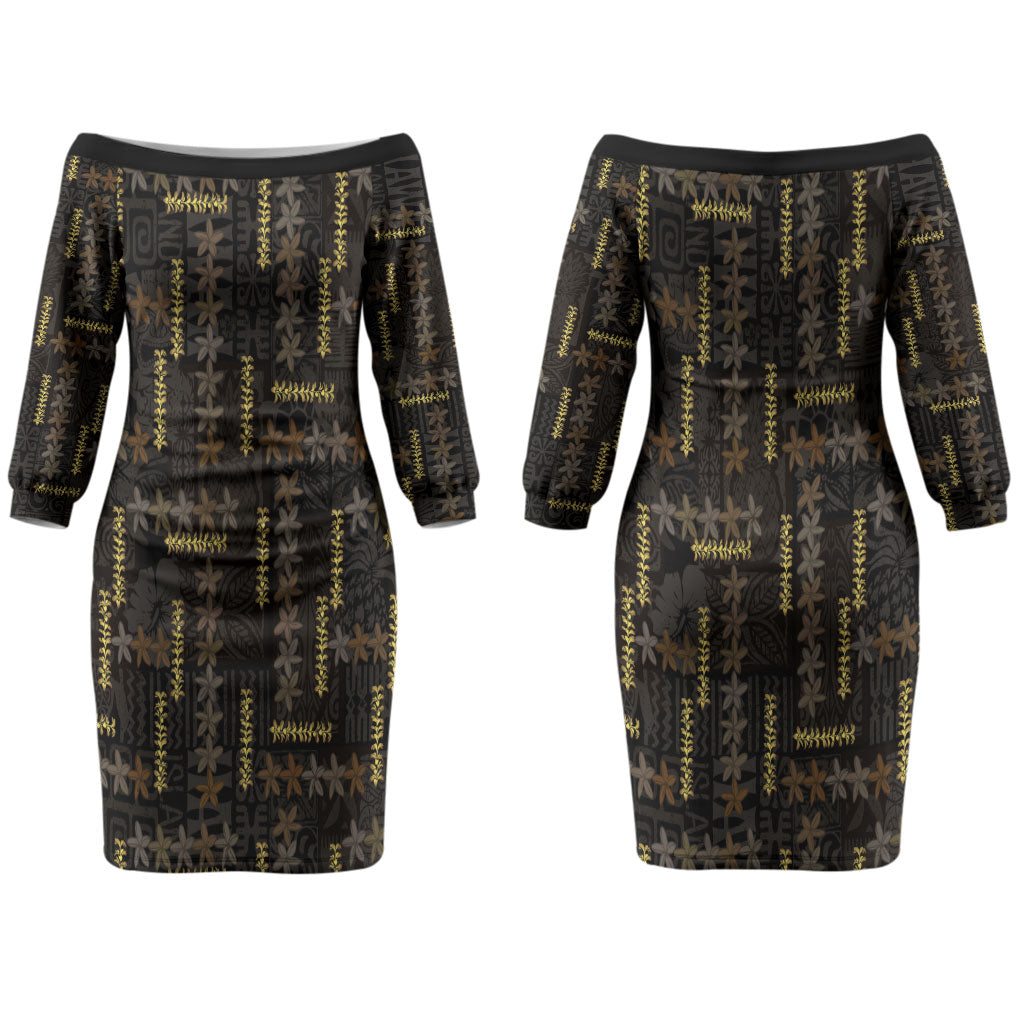 Hawaii Brown Plumeria Lei Black Family Matching Off The Shoulder Long Sleeve Dress and Hawaiian Shirt Frangipani Floral Heritage Art LT01 Mom's Dress Black - Polynesian Pride