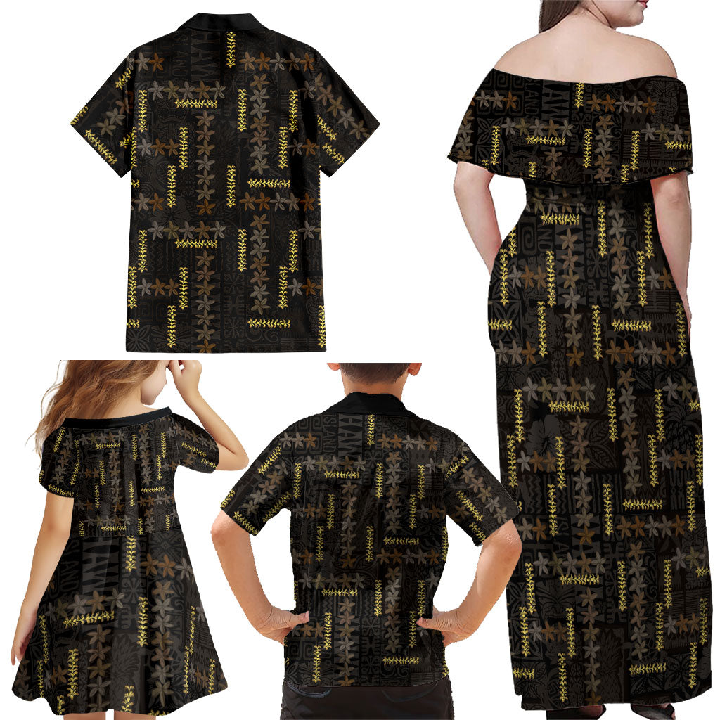 Hawaii Brown Plumeria Lei Black Family Matching Off Shoulder Maxi Dress and Hawaiian Shirt Frangipani Floral Heritage Art