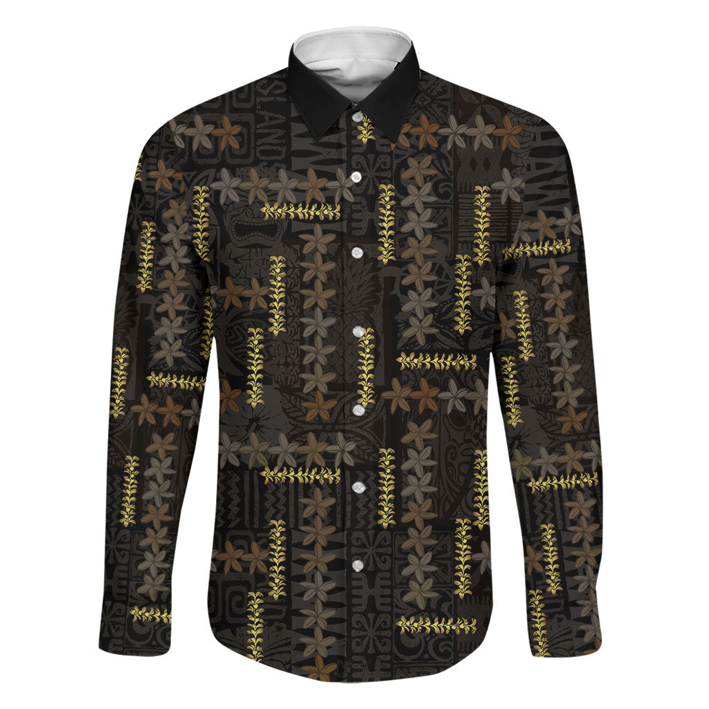 Hawaii Brown Plumeria Lei Black Family Matching Off Shoulder Maxi Dress and Hawaiian Shirt Frangipani Floral Heritage Art