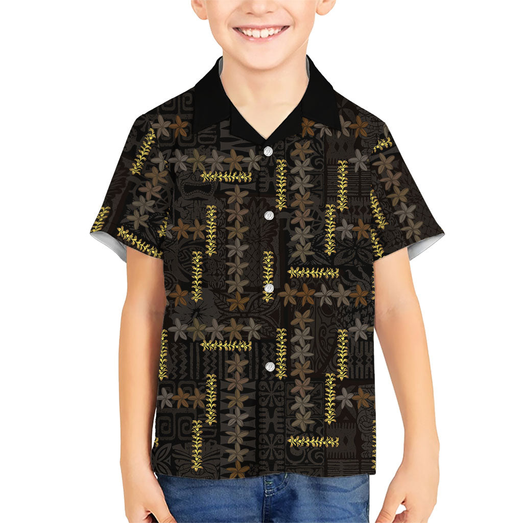 Hawaii Brown Plumeria Lei Black Family Matching Off Shoulder Maxi Dress and Hawaiian Shirt Frangipani Floral Heritage Art