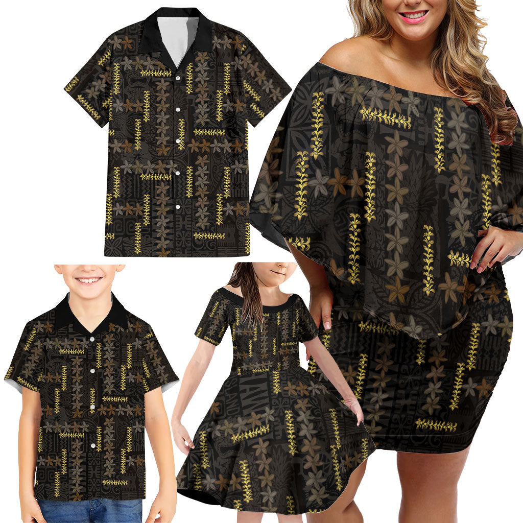 Hawaii Brown Plumeria Lei Black Family Matching Off Shoulder Short Dress and Hawaiian Shirt Frangipani Floral Heritage Art