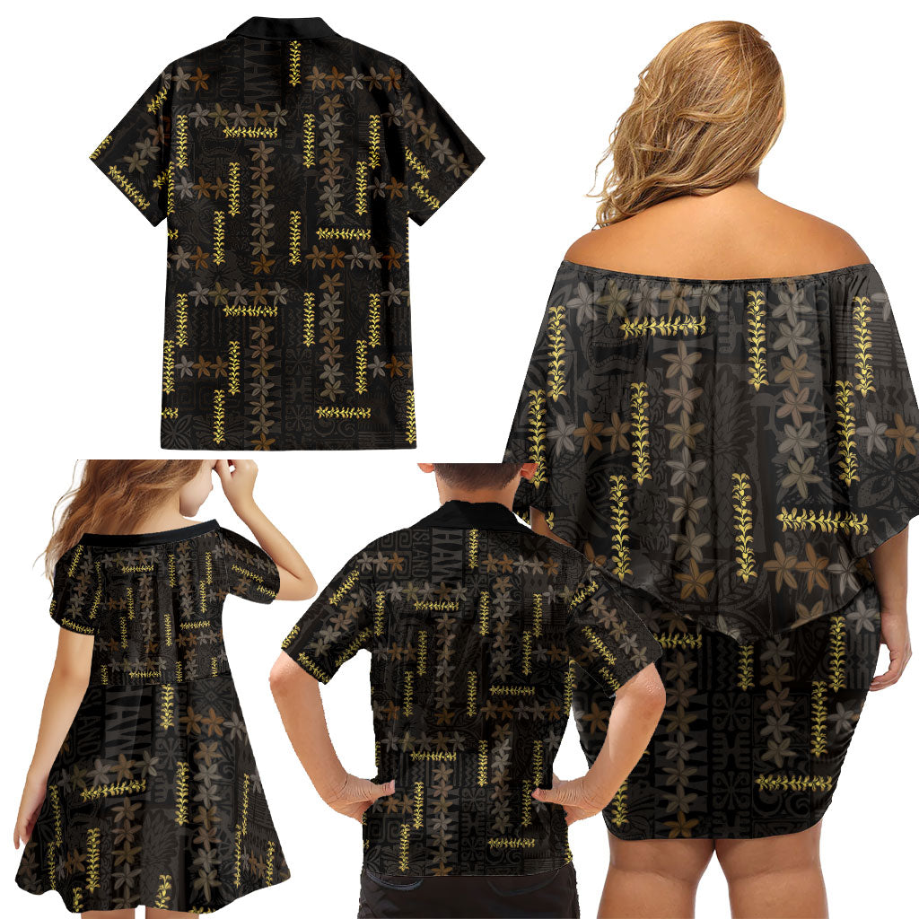 Hawaii Brown Plumeria Lei Black Family Matching Off Shoulder Short Dress and Hawaiian Shirt Frangipani Floral Heritage Art