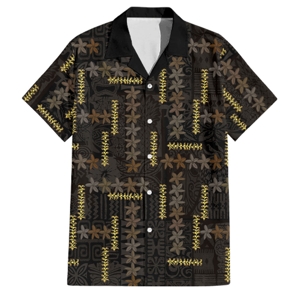 Hawaii Brown Plumeria Lei Black Family Matching Off Shoulder Short Dress and Hawaiian Shirt Frangipani Floral Heritage Art