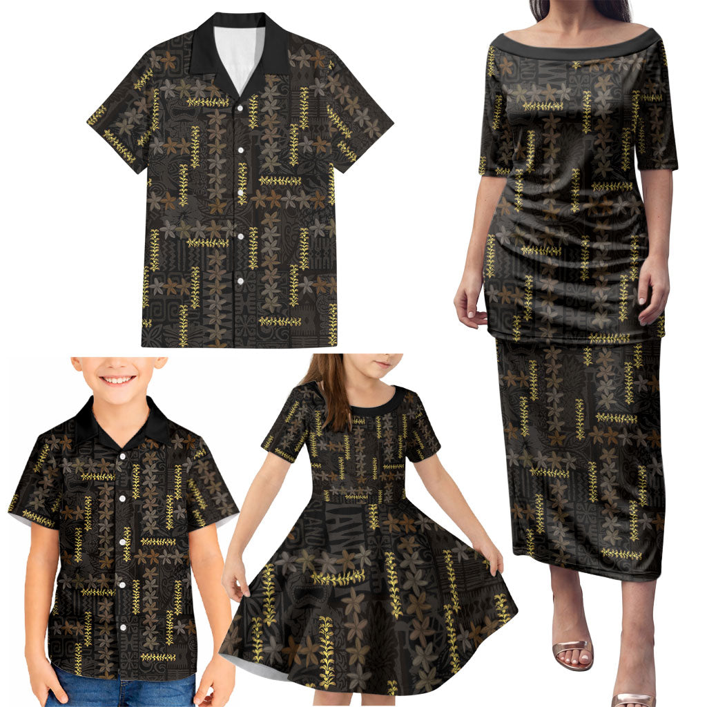 Hawaii Brown Plumeria Lei Black Family Matching Puletasi and Hawaiian Shirt Frangipani Floral Heritage Art LT01 - Polynesian Pride