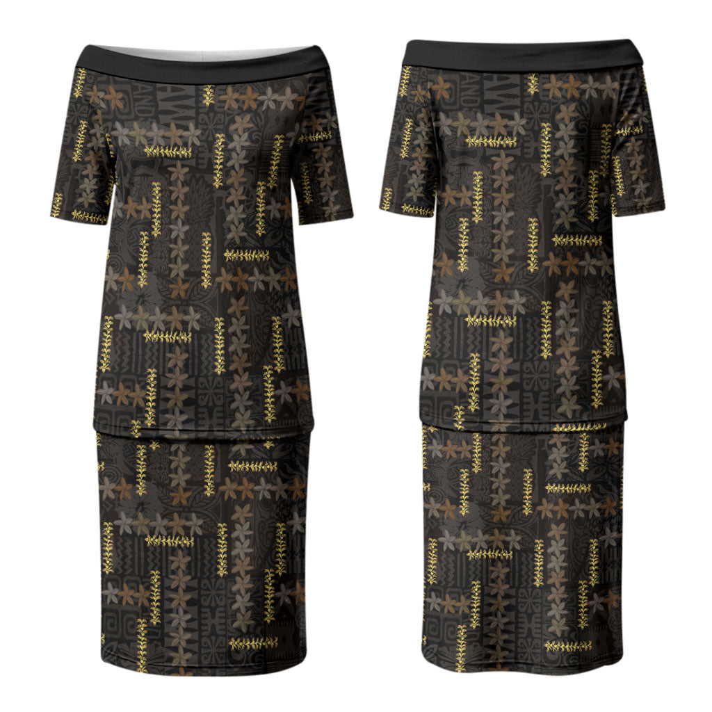 Hawaii Brown Plumeria Lei Black Family Matching Puletasi and Hawaiian Shirt Frangipani Floral Heritage Art LT01 Mom's Dress Black - Polynesian Pride