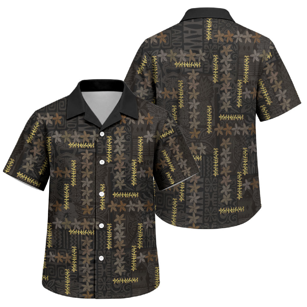Hawaii Brown Plumeria Lei Black Family Matching Puletasi and Hawaiian Shirt Frangipani Floral Heritage Art LT01 Son's Shirt Black - Polynesian Pride