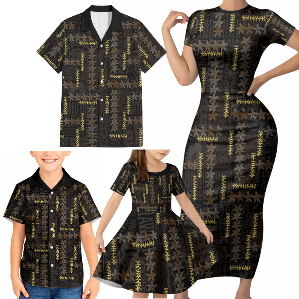 Hawaii Brown Plumeria Lei Black Family Matching Short Sleeve Bodycon Dress and Hawaiian Shirt Frangipani Floral Heritage Art LT01 - Polynesian Pride