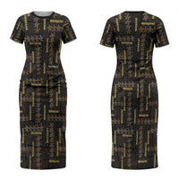 Hawaii Brown Plumeria Lei Black Family Matching Short Sleeve Bodycon Dress and Hawaiian Shirt Frangipani Floral Heritage Art LT01 Mom's Dress Black - Polynesian Pride