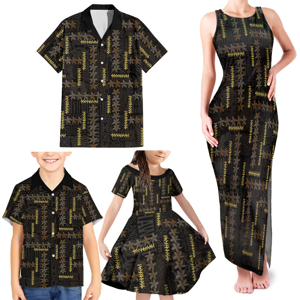 Hawaii Brown Plumeria Lei Black Family Matching Tank Maxi Dress and Hawaiian Shirt Frangipani Floral Heritage Art LT01 - Polynesian Pride