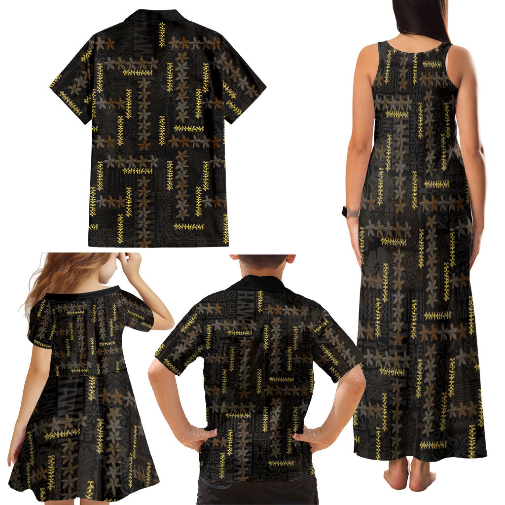 Hawaii Brown Plumeria Lei Black Family Matching Tank Maxi Dress and Hawaiian Shirt Frangipani Floral Heritage Art