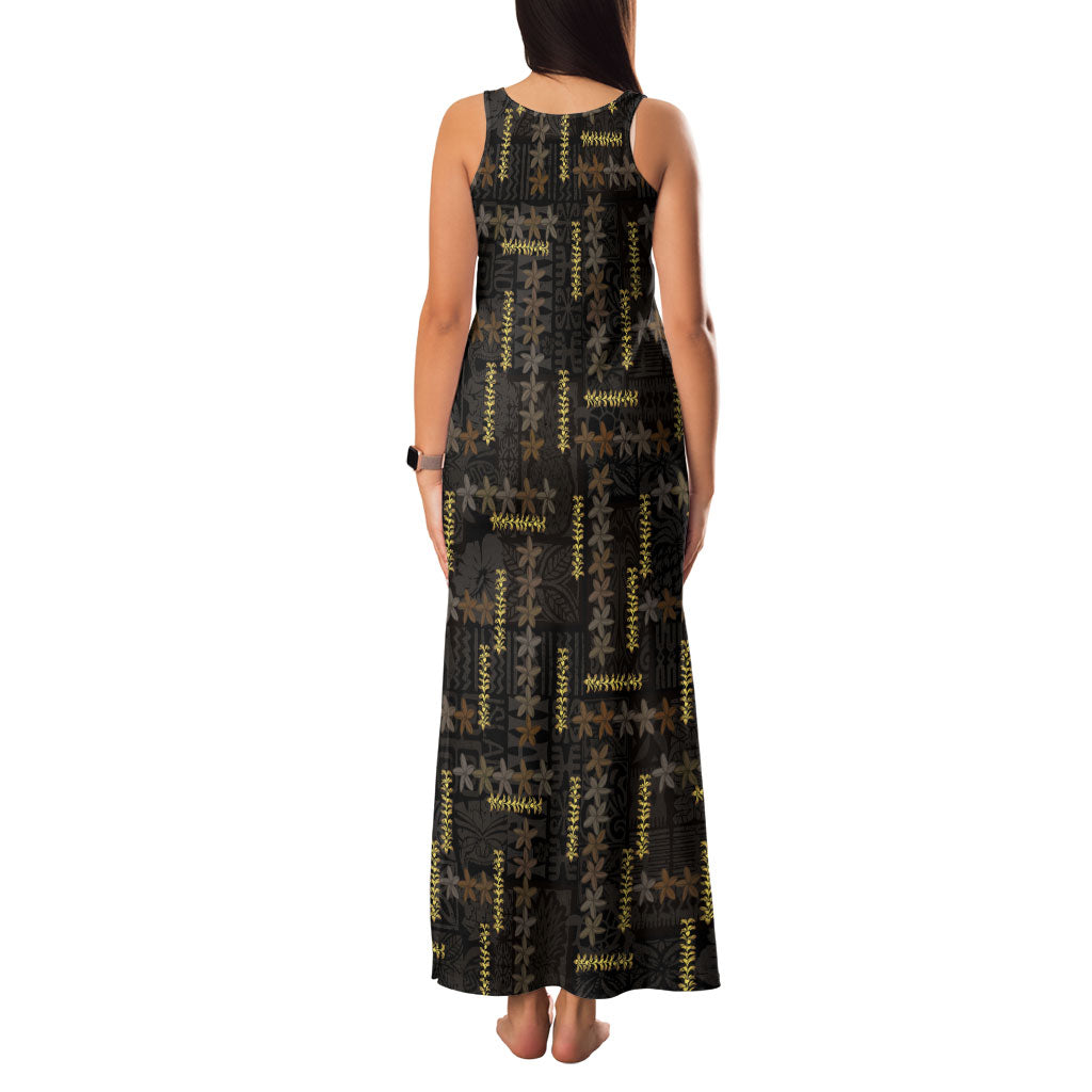 Hawaii Brown Plumeria Lei Black Family Matching Tank Maxi Dress and Hawaiian Shirt Frangipani Floral Heritage Art
