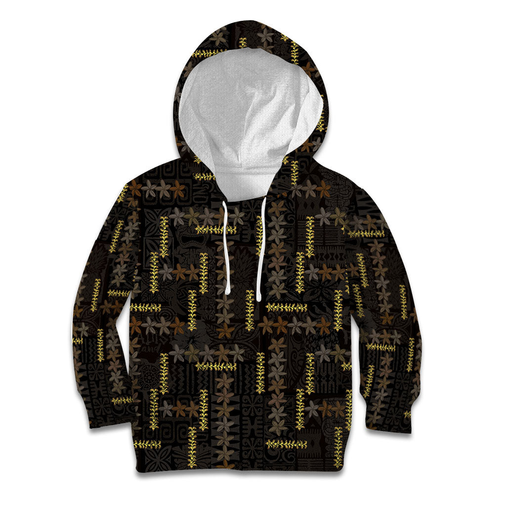 Hawaii Brown Plumeria Lei Black Kid Hoodie Frangipani Floral Heritage Art LT01 Hoodie Black - Polynesian Pride