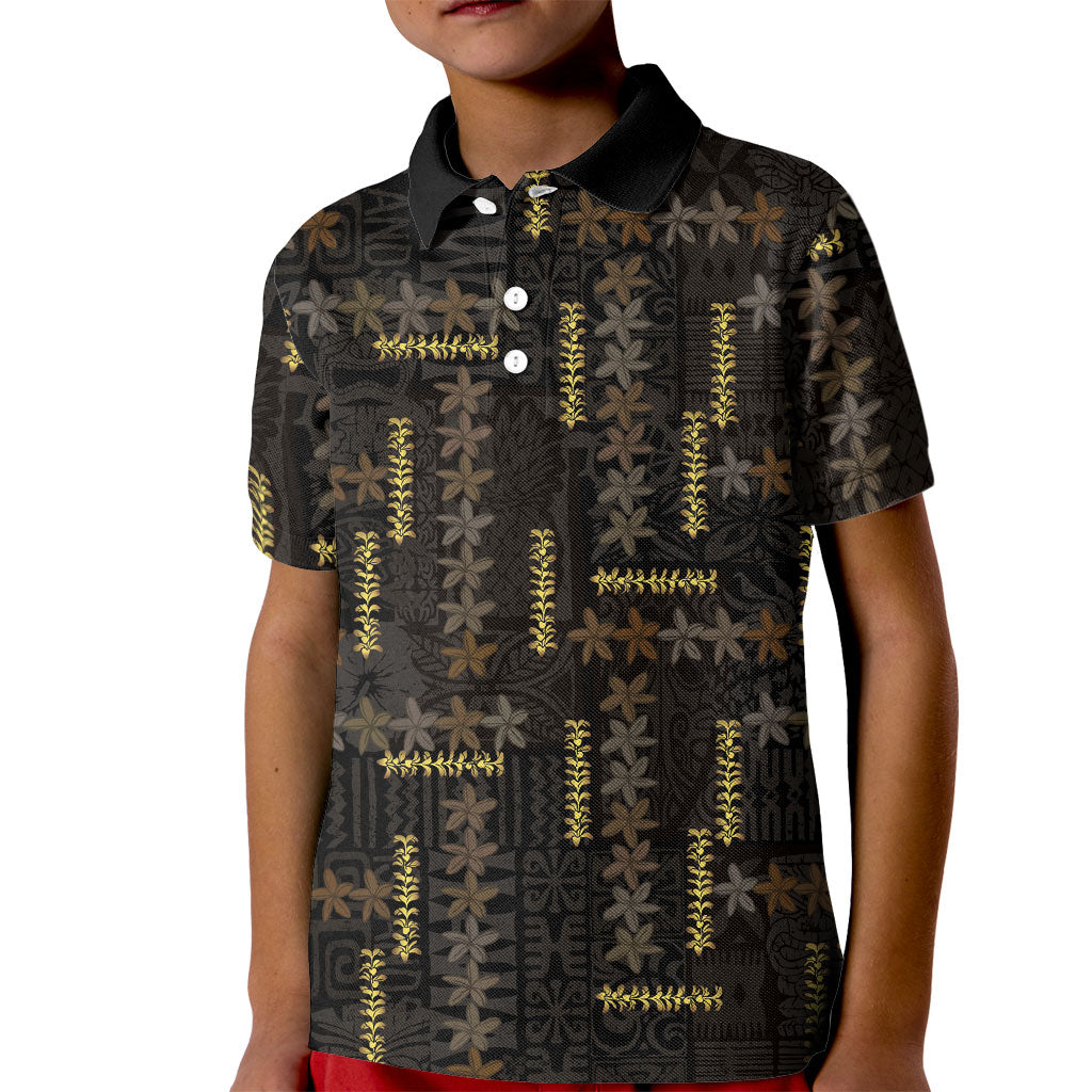Hawaii Brown Plumeria Lei Black Kid Polo Shirt Frangipani Floral Heritage Art