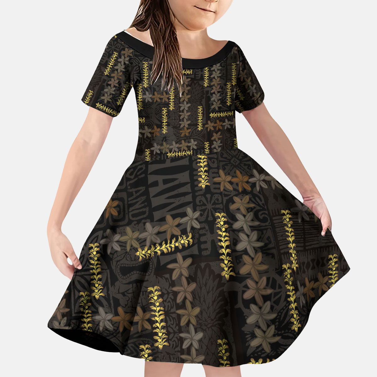 Hawaii Brown Plumeria Lei Black Kid Short Sleeve Dress Frangipani Floral Heritage Art
