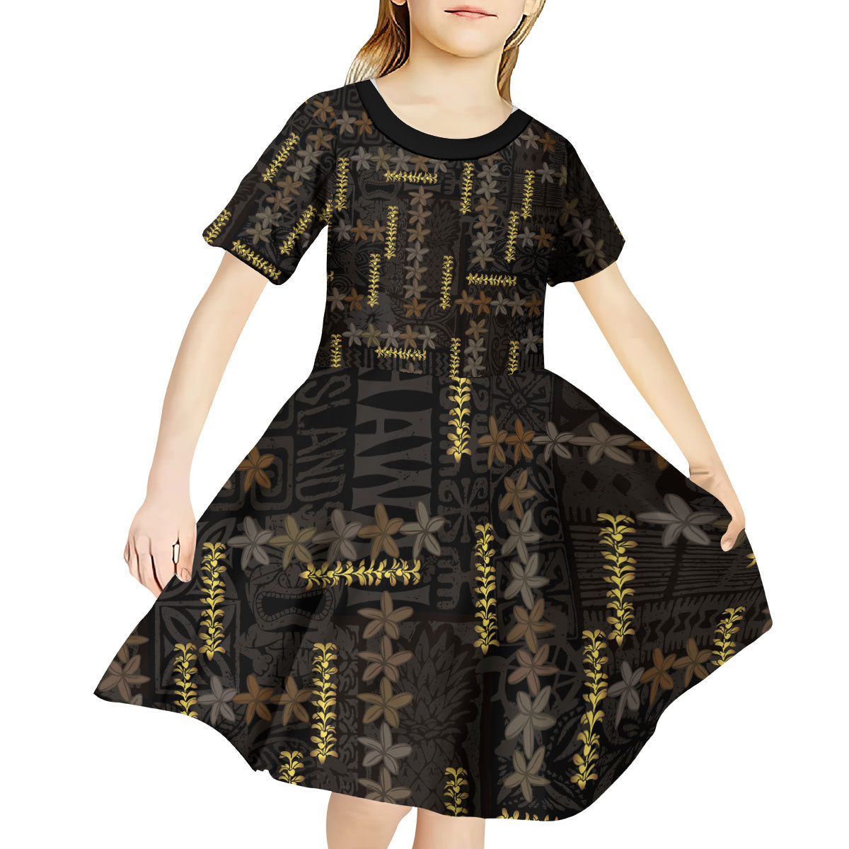 Hawaii Brown Plumeria Lei Black Kid Short Sleeve Dress Frangipani Floral Heritage Art