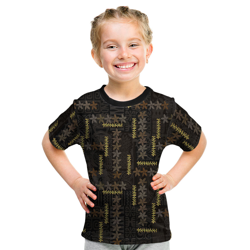 Hawaii Brown Plumeria Lei Black Kid T Shirt Frangipani Floral Heritage Art LT01 Black - Polynesian Pride